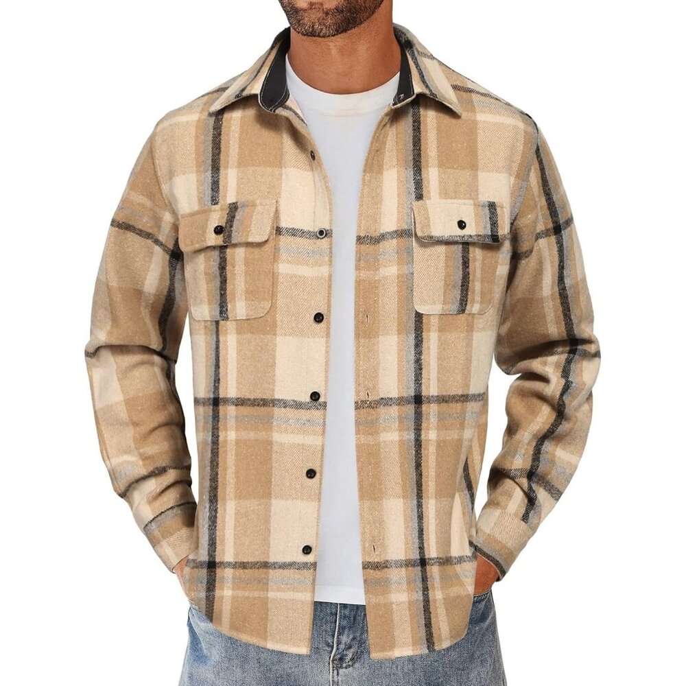 Men Khaki Flannel Shirts Long Sleeve Cotton Plaid Shirt Casual Button Down Shirt